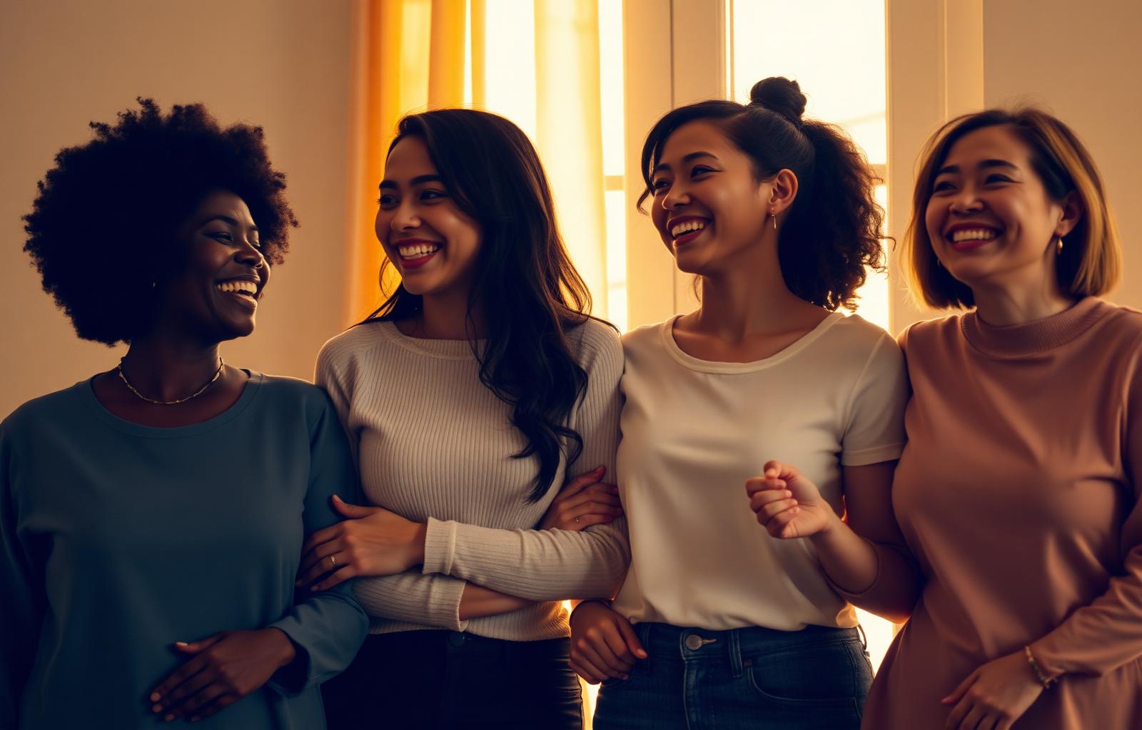 A diverse group of women supporting one another in warm sunlight
